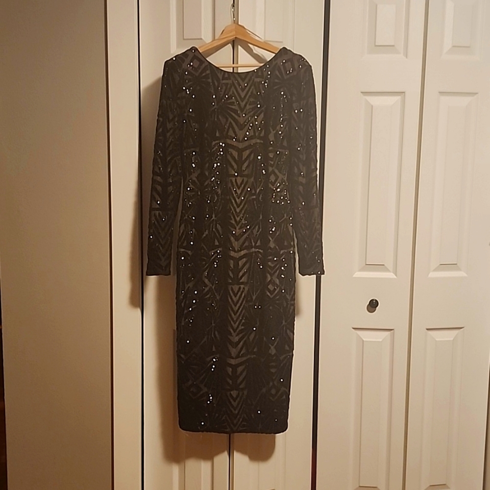 Dress the Population Black Sequined Geometric Midi Dress